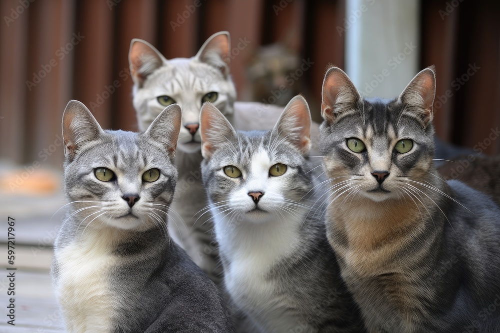 group of cats, each with their own unique personality and expression, looking at viewer, created with generative ai