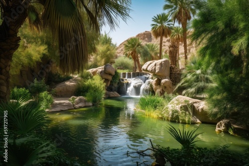 oasis with waterfall and lush greenery  surrounded by desert  created with generative ai