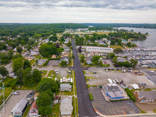 Village of Niantic aerial view on Smith Avenue at Niantic Beach in a cloudy day, town of East Lyme, Connecticut CT, USA. 