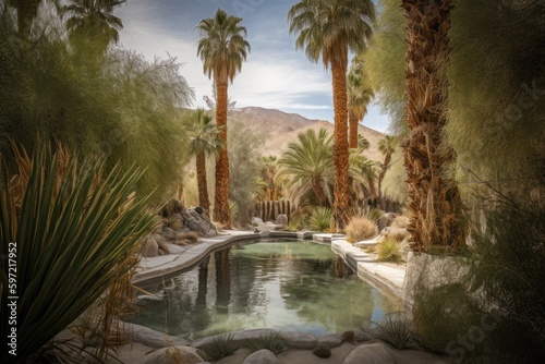 desert oasis with palm trees and pool, surrounded by natural beauty, created with generative ai