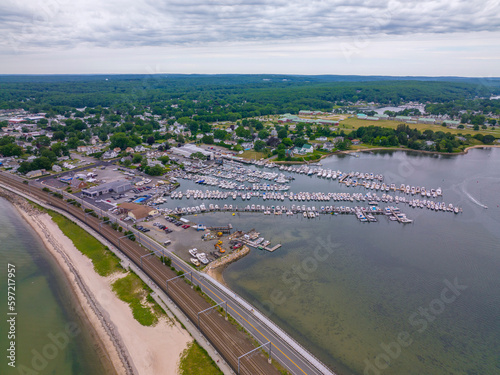 Niantic Beach and Port Marina aerial view in a cloudy day between Niantic River and Niantic Bay in village of Niantic, East Lyme, Connecticut CT, USA. 
