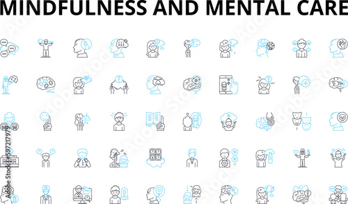 Mindfulness and mental care linear icons set. Meditation, Zen, Reflection, Awareness, Stillness, Self-love, Gratitude vector symbols and line concept signs. Clarity,Relaxation,Calmness illustration