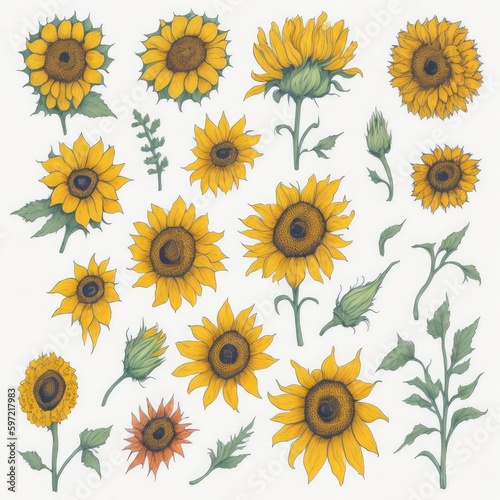 Sunflower hand drawn pattern study on off white background. Perfect ornament for fashion fabric or other printable covers.