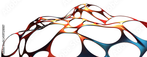 Network, waves, cells of connections. Neurons and data flow 3D illustration. Abstract matter, bone porous