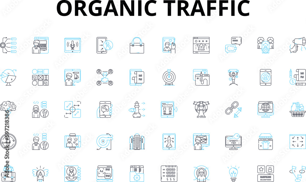 Organic traffic linear icons set. Ranking, SERP, Optimization, Clicks, Keywords, Traffic, Content vector symbols and line concept signs. Analytics,Conversions,Backlinks illustration
