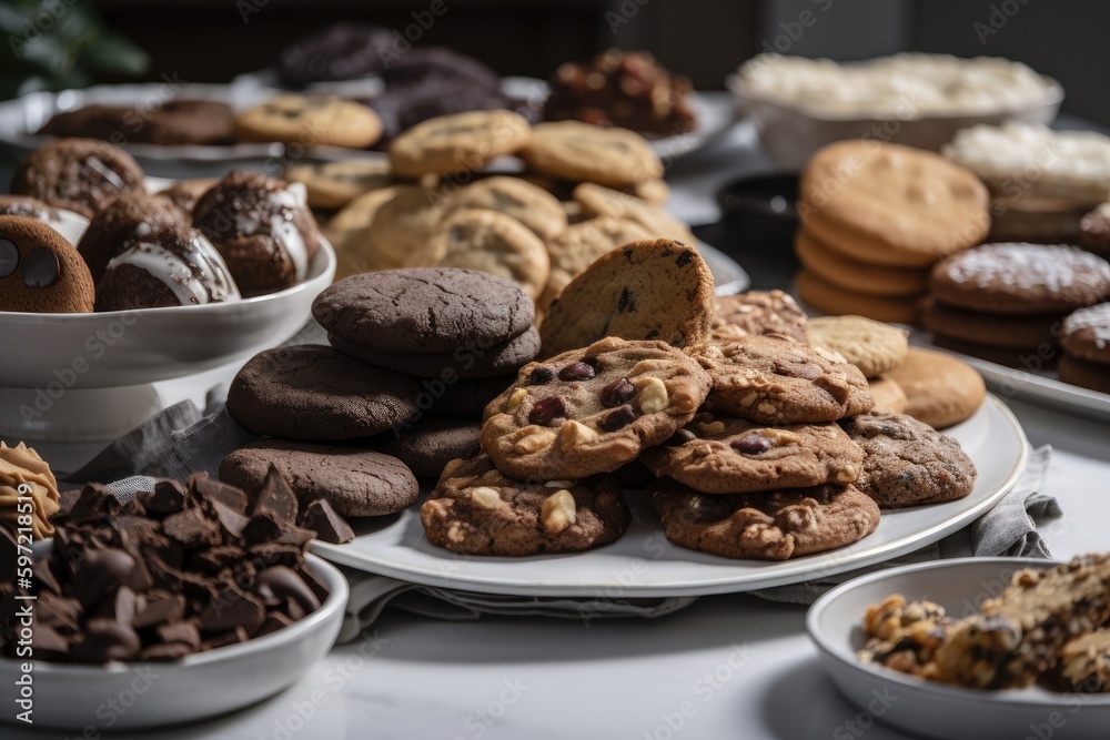 white plate with assortment of gluten-free and vegan cookies, bars, and other baked goods, created with generative ai white plate with assortment of gluten-free and vegan cookies, bars, and other baked goods, created with generative ai