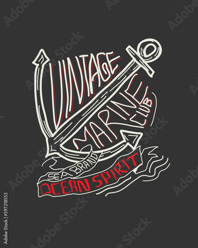 Foto Vintage Marine Club Hand drawn anchor line art illustration typography vector t