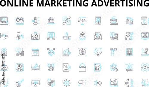 Online marketing advertising linear icons set. Strategy, Targeting, Analytics, Engagement, Conversion, Optimization, Branding vector symbols and line concept signs. Content,Promotion,Segmentation