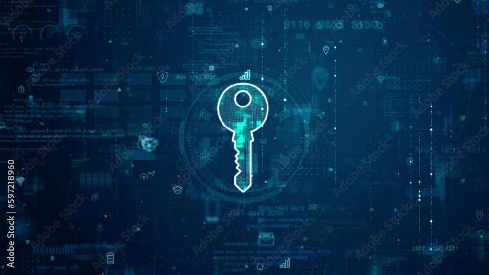 Motion graphic of Blue digital security key logo and futuristic circle HUD with big data processed on grid line background and technology ai icon screen abstract background network secure concepts