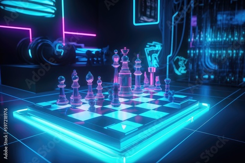 neon chess set in futuristic sci-fi environment, with holographic pieces and digital board, created with generative ai
