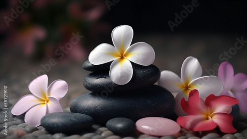 Exotic flowers with black smooth stones  background for spa and massage. Generative Ai