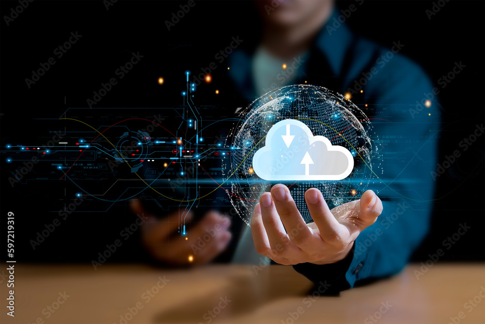 cloud computing shown in hand cloud technology data storage, data transfer, network and internet service concept, internet storage network technology - obrazy, fototapety, plakaty 