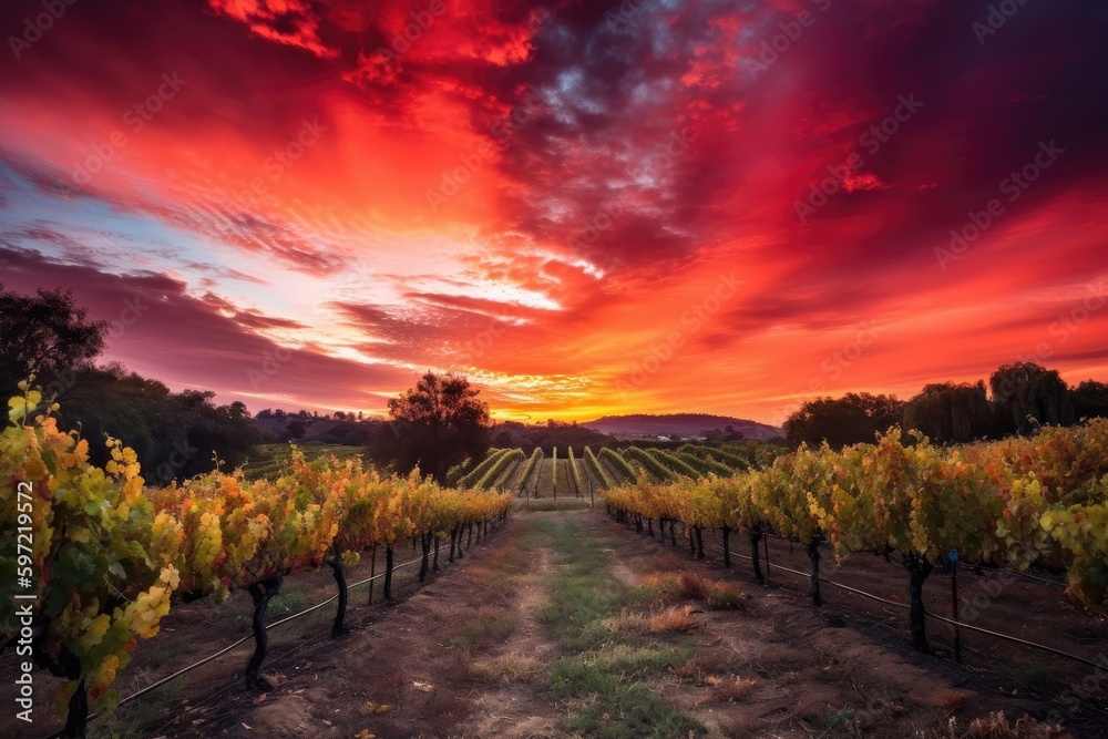 vineyard with dramatic sunset, showcasing the vibrant colors of the sky, created with generative ai