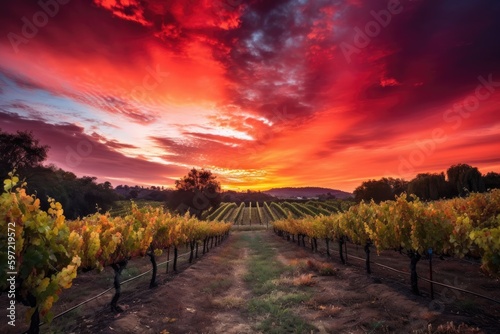 vineyard with dramatic sunset  showcasing the vibrant colors of the sky  created with generative ai