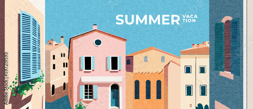 Summer nature landscape horizontal poster, cover, card with summer town, street, houses and typography design. Summer holidays, vacation travel in Europe illustration.