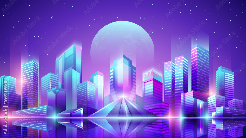 Vector neon colorful gradient illustration of a horizontal panorama of the night city with spotlights. Empty city place.