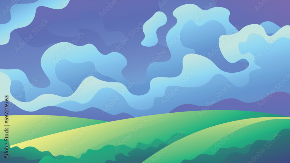 Bright green meadows on fluffy clouds on a blue sky background. Horizontal rural landscape illustration.