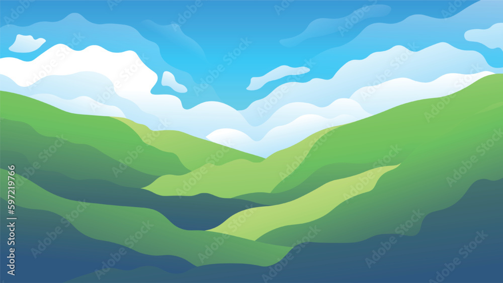 High green hills on fluffy clouds on a blue sky background. Horizontal rural landscape illustration.