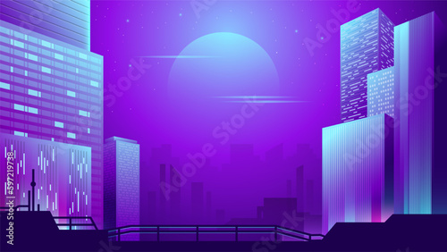 Vector colorful illustration of a night city on a background of moonlight with neon