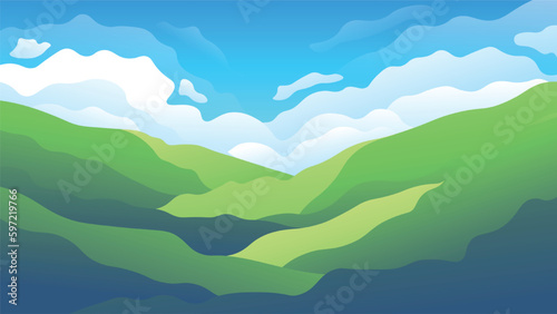 High green hills on fluffy clouds on a blue sky background. Horizontal rural landscape illustration.