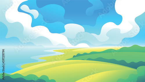 Shore of green hills near a wide river on a blue sky and fluffy clouds background. Bright horizontal illustration of a summer landscape.