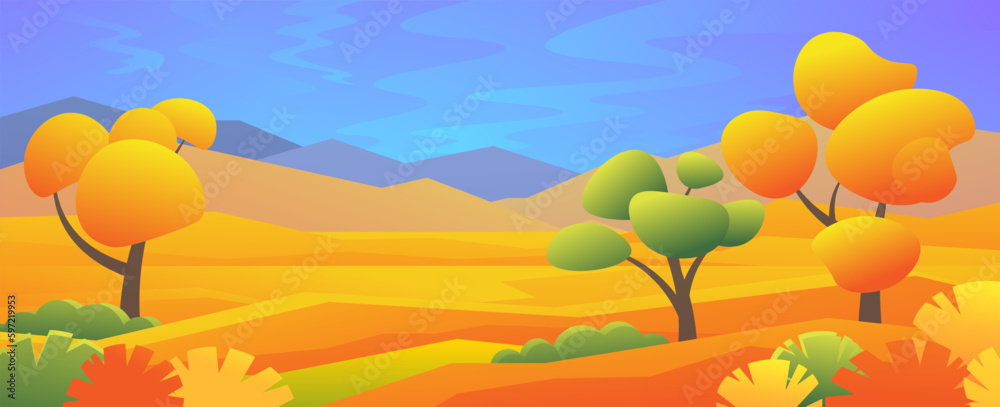 Bright autumn landscape. Orange trees on meadows and mountains background.