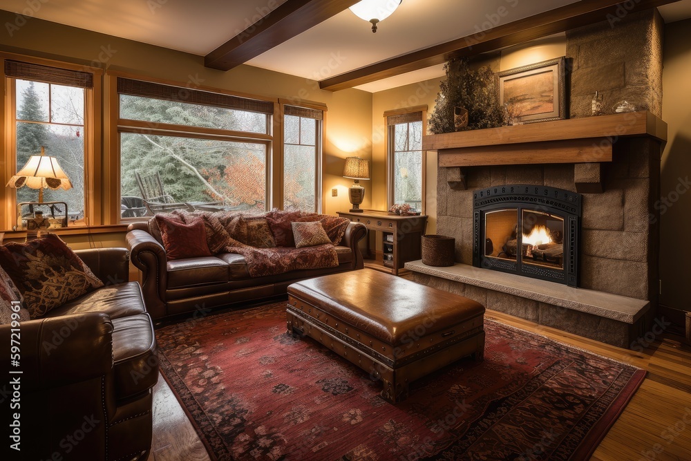 Fototapeta premium cozy living room with warm fireplace and plush couches, created with generative ai