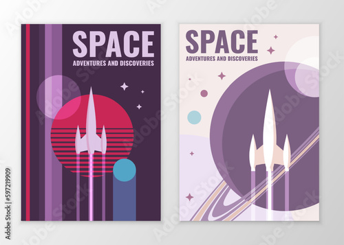 Vector retro vintage space posters. Illustration of a flying rocket on the background of the planets.