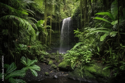 majestic waterfall cascading over lush foliage in jungle paradise  created with generative ai
