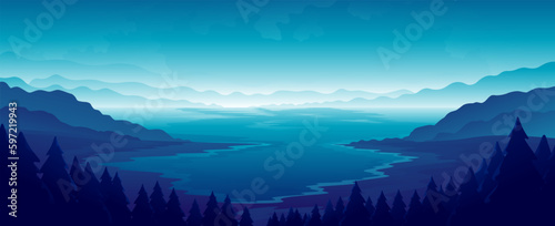 Beautiful night horizontal illustration. Sea bay among high mountains.