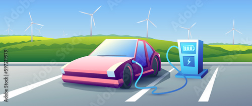 Vector electric car charging outdoors on windmills background. Green eco technology.