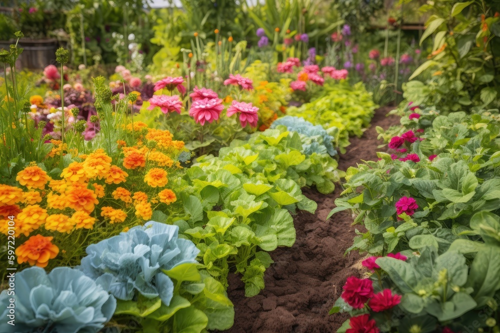 close-up of vibrant and colorful garden, filled with flowers and vegetables, created with generative ai close-up of vibrant and colorful garden, filled with flowers and vegetables, created with generative ai
