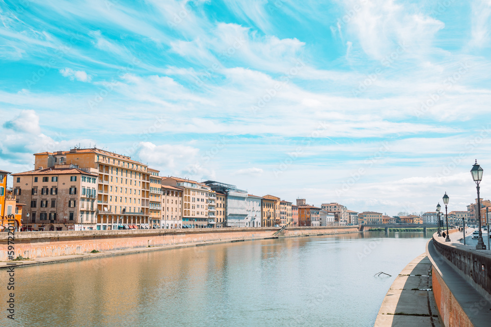 Pisa, Arno river, Lungarno view. Long Exposure. Tuscany, Italy, Europe. High quality photo