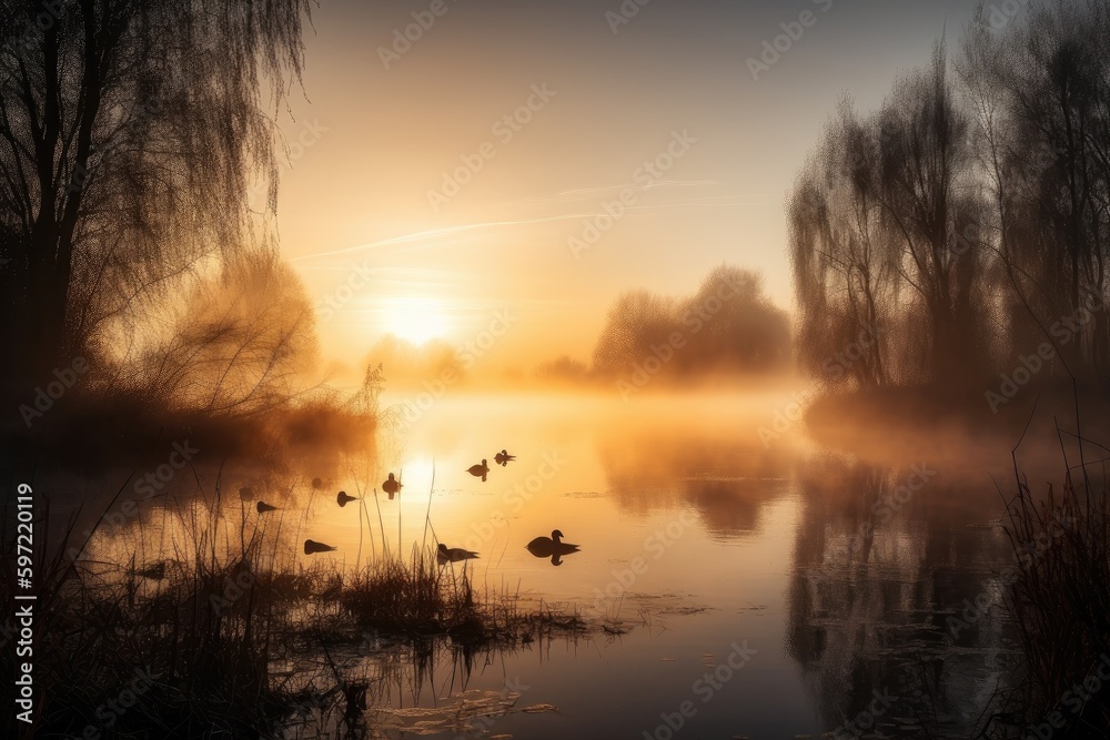 misty sunrise over the lake, with reflections of trees and birds in the water, created with generative ai