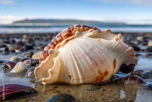 beachcomber finds beautiful shell amidst the sand and seaweed, created with generative ai