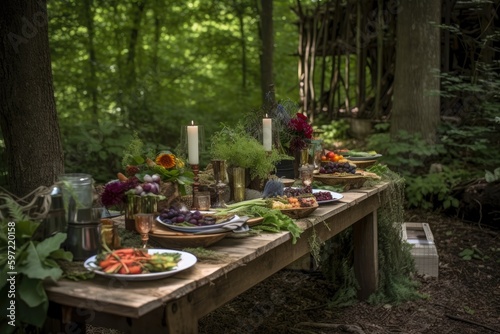 natural, woodsy setting with farm-to-table fare on rustic table, created with generative ai