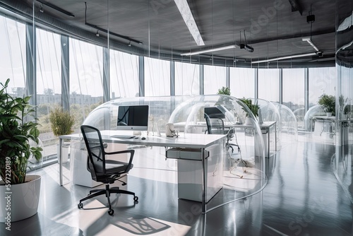 futuristic open office with floating desks and transparent walls  bringing the outside in  created with generative ai