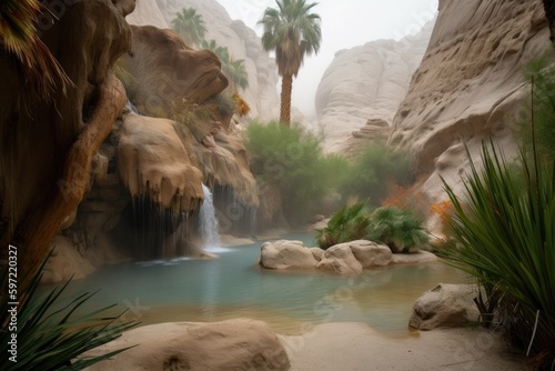 desert oasis with waterfall  surrounded by misty spray  created with generative ai