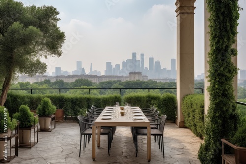 dining on terrace, surrounded by greenery and a view of the city skyline, created with generative ai