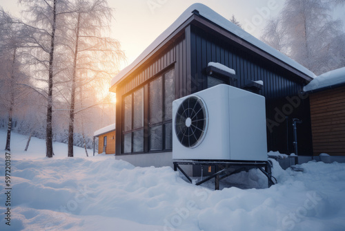 heat pump outside of a snow covered house, winter time, generative ai
