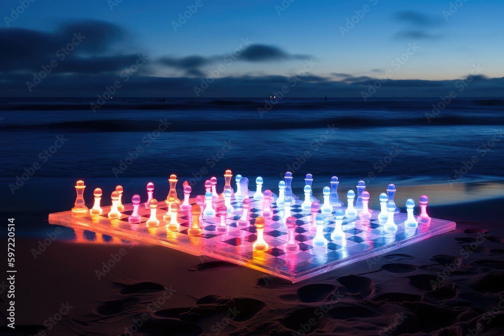 neon chess set on beach, with waves rolling in and gulls flying overhead, created with generative ai