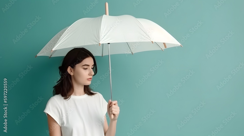 Women stand with white blank umbrella opened. Template mock up isolated on color background. Female person hold clear parasol overhead. Plain surface. Generative AI. - obrazy, fototapety, plakaty 