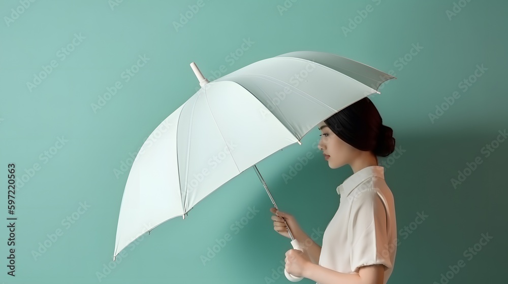 Women stand with white blank umbrella opened. Template mock up isolated on color background. Female person hold clear parasol overhead. Plain surface. Generative AI. - obrazy, fototapety, plakaty 