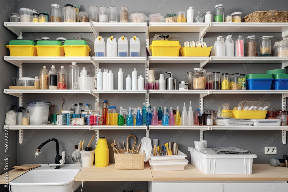 cleaning products and supplies arranged in tidy, organized way for maximum efficiency, created with generative ai