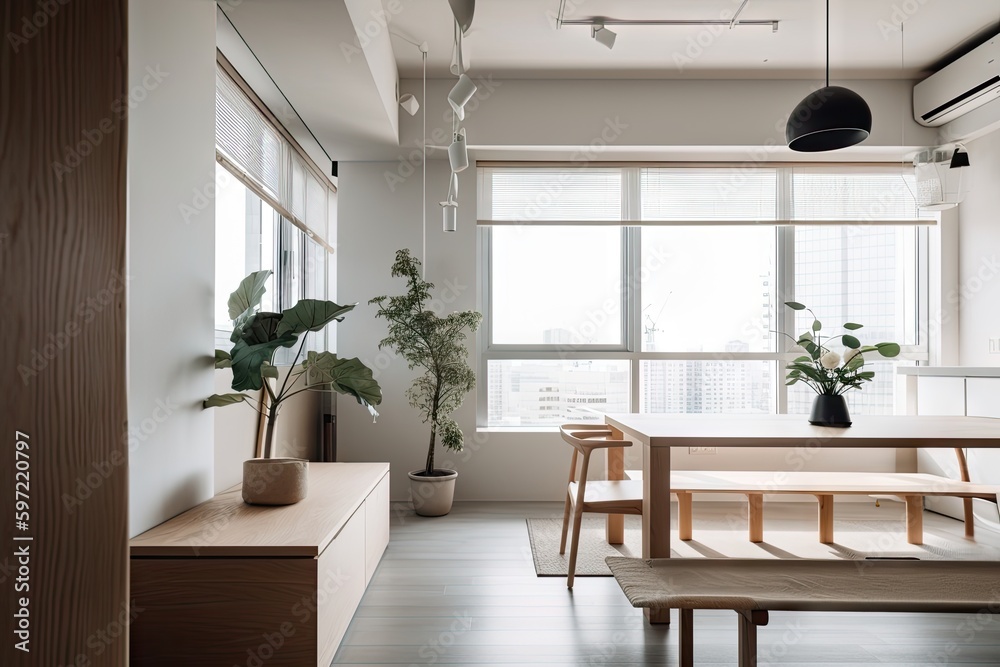 Fototapeta premium modern japanese interior with minimalist, industrial and scandinavian influences, created with generative ai