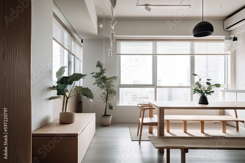 modern japanese interior with minimalist  industrial and scandinavian influences  created with generative ai