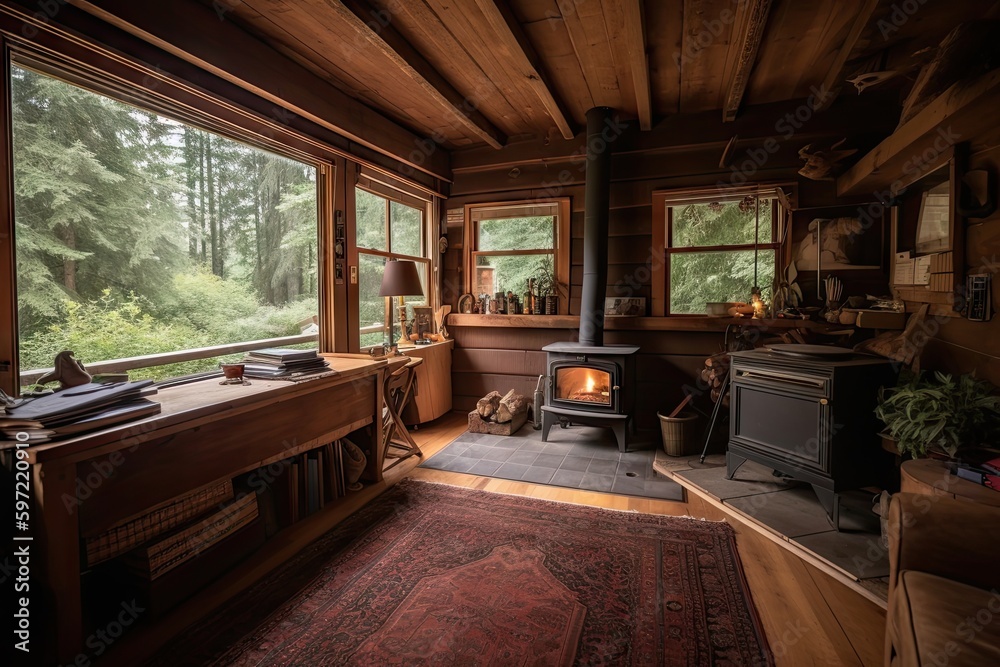cozy cabin with a warm fire, surrounded by trees and wildlife, created with generative ai cozy cabin with a warm fire, surrounded by trees and wildlife, created with generative ai