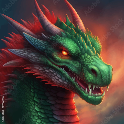 Head of a Fantasy Evil Green dragon with glowing red eyes. Fierce and majestic Mythical creature. Fearsome and awe-inspiring beast. Ancient monster. 3D Digital painting. Art