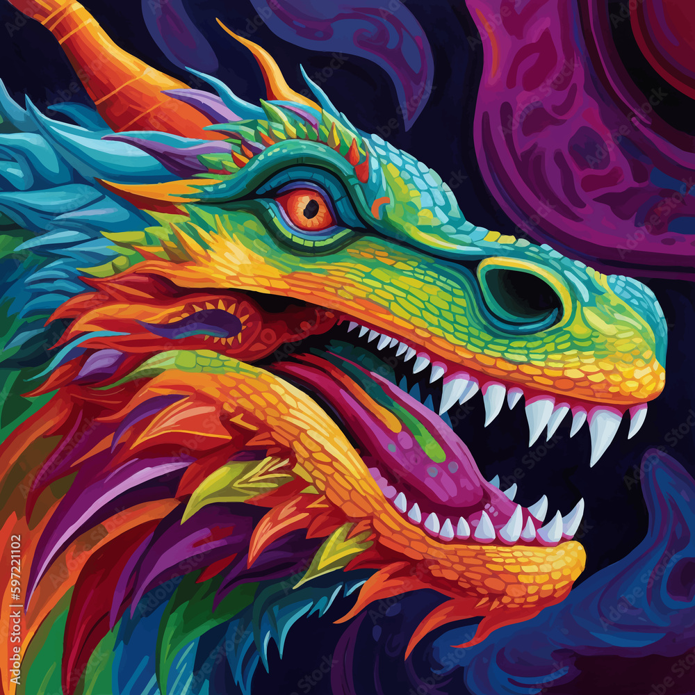 Head of a Fantasy Evil Multicolored dragon with glowing red eyes. Fierce and majestic Mythical creature. Fearsome and awe-inspiring beast. Ancient monster. 3D Digital painting Head of a Fantasy Evil Multicolored dragon with glowing red eyes. Fierce and majestic Mythical creature. Fearsome and awe-inspiring beast. Ancient monster. 3D Digital painting