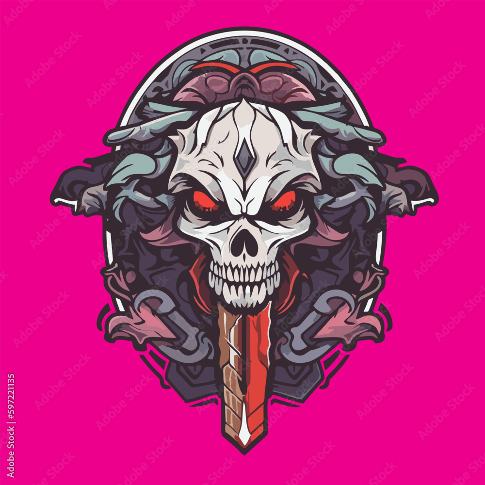 Skull with a dagger on a pink background. Vector illustration Skull with a dagger on a pink background. Vector illustration